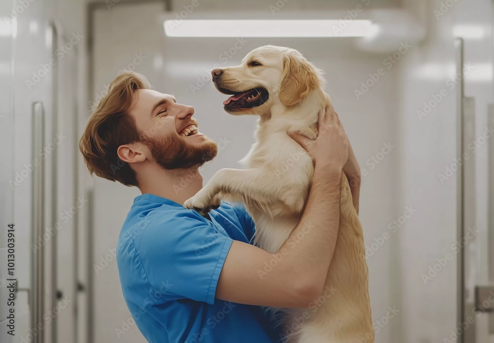 Male Veterinarian in Blue Playing with Large Dog Animal Healthcare and Vaccination