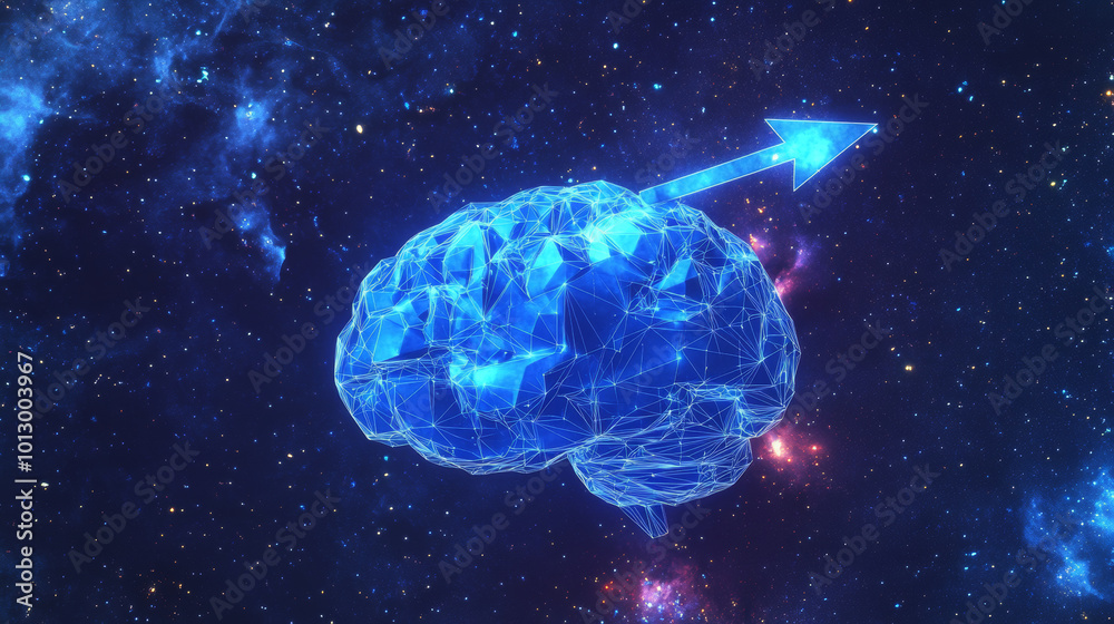 A blue, low-polygon brain with an arrow pointing upwards, set against a starry sky. This digital art represents the idea of using technology to enhance the human brain.low poly wireframe. A blue, low-polygon brain with an arrow pointing upwards, set against a starry sky. This digital art represents the idea of using technology to enhance the human brain.low poly wireframe.