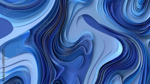 Graceful, fluid layers of blue paper create a calming, abstract oceanic wave-like pattern.