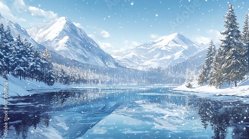 a snowy mountain lake with a snow covered mountain in the background.