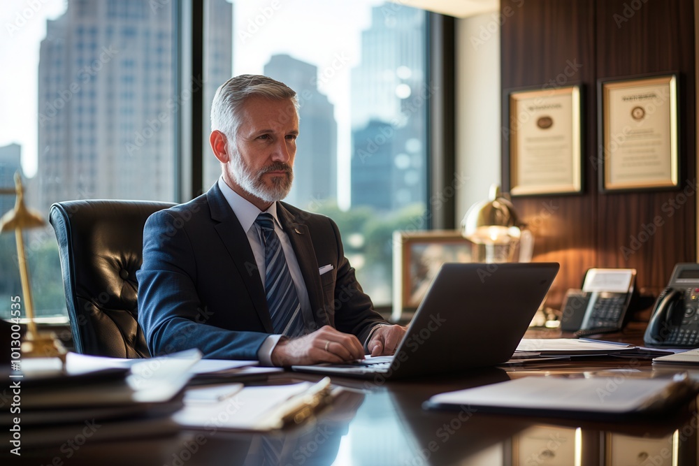 A lawyer is engaged in a consultation with a client, reviewing legal documents on a laptop in a contemporary office setting. Generative AI A lawyer is engaged in a consultation with a client, reviewing legal documents on a laptop in a contemporary office setting. Generative AI