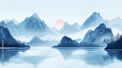 a painting of a sunset over the mountains.