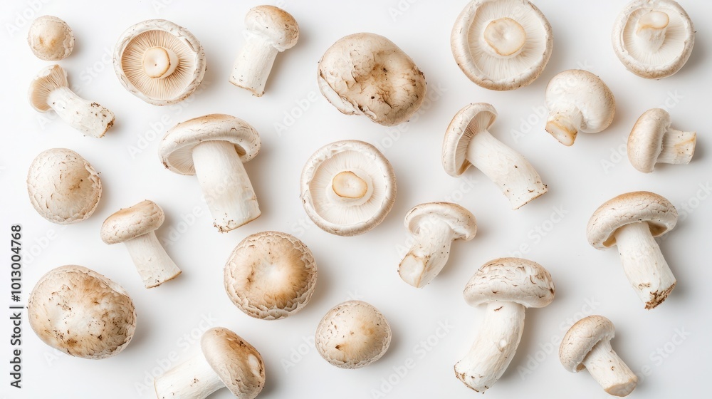 A collection of fresh button mushrooms with stems intact, beautifully arranged on a white background A collection of fresh button mushrooms with stems intact, beautifully arranged on a white background