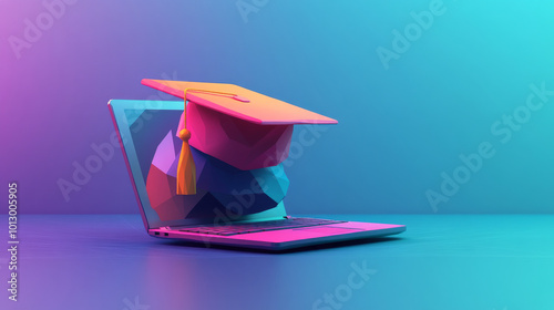A graduation cap sits on a laptop, symbolizing online learning. The image is designed in a modern, low-poly style against a blue background.low poly wireframe.