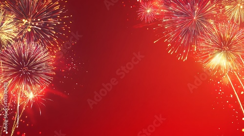A vibrant explosion of colorful fireworks lighting up the night sky, with a bright red background enhancing the festive atmosphere, leaving space for text