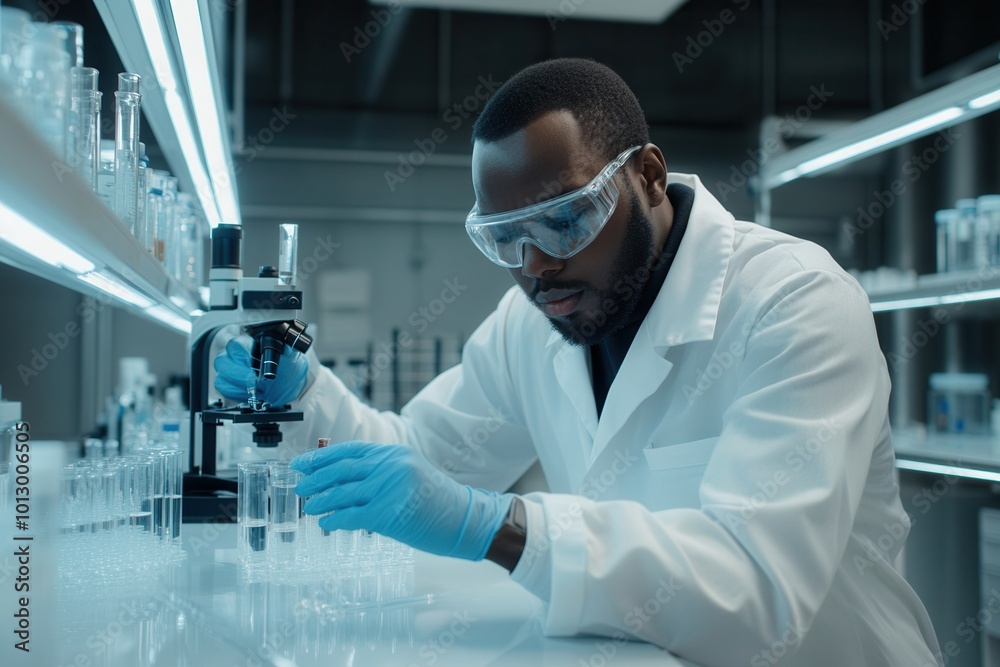 A focused scientist carefully examines test tubes and samples with a microscope while wearing gloves and protective eyewear in a lab. Generative AI A focused scientist carefully examines test tubes and samples with a microscope while wearing gloves and protective eyewear in a lab. Generative AI