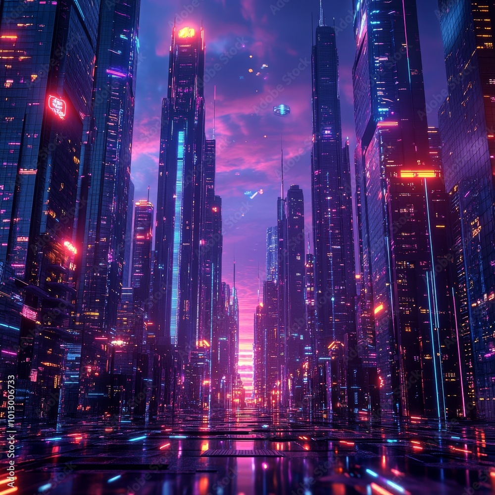 Futuristic Cityscape with Neon Lights and Flying Cars at Sunset Futuristic Cityscape with Neon Lights and Flying Cars at Sunset