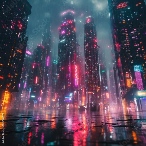 Futuristic neon cityscape in the rain at night