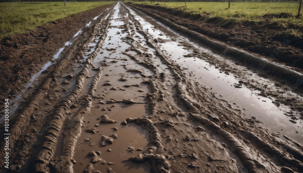 Mud path with tire tracks and puddles in a rural landscape, muddy road texture, mud path texture Mud path with tire tracks and puddles in a rural landscape, muddy road texture, mud path texture