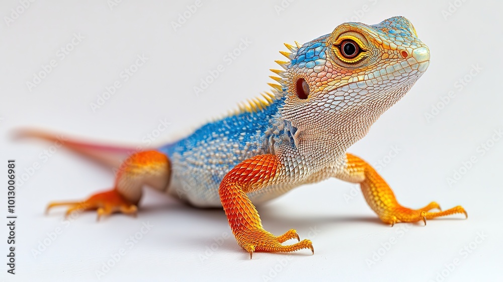 Fototapeta premium Bright lizard, bright colors long tail bright shining eyes standing upright full length, white background 