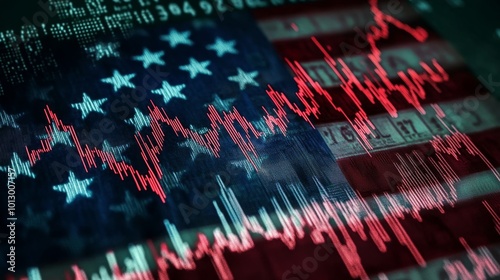 An American flag with a stock market graph going down in the background, in blue and red colors The background is a dark green color and has numbers from the stock exchange