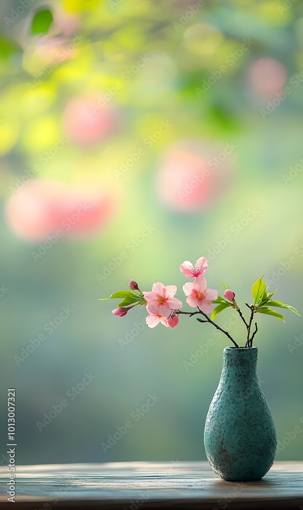 29. A serene scene showcasing a pink sakura branch in a vase on a wooden table, with a lush floral background blurring softly, evoking the beauty of the springtime bloom 29. A serene scene showcasing a pink sakura branch in a vase on a wooden table, with a lush floral background blurring softly, evoking the beauty of the springtime bloom