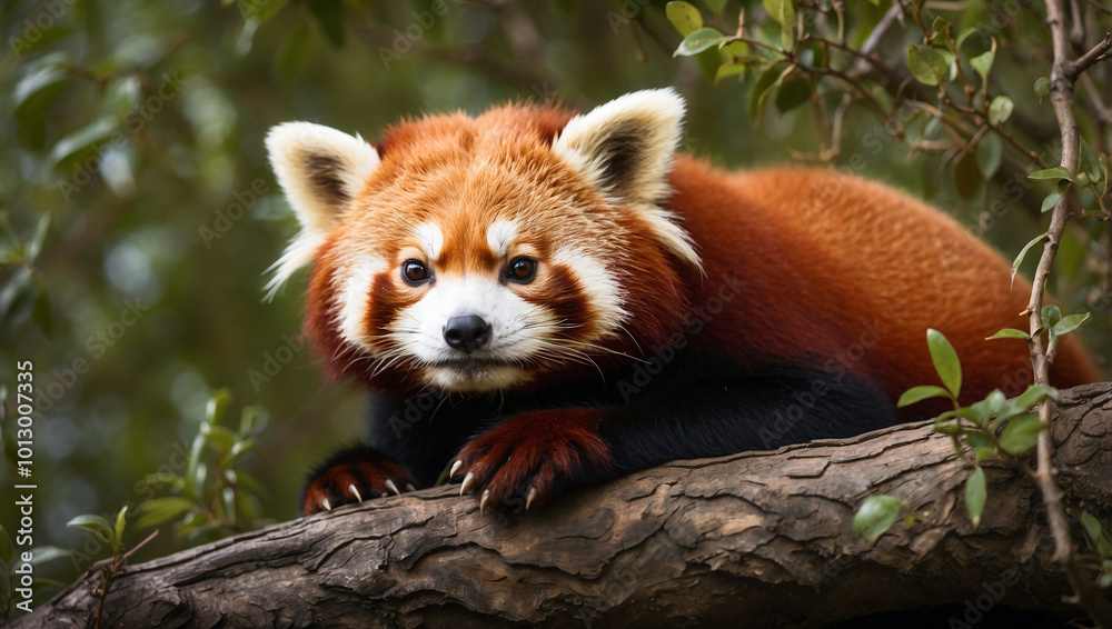 Fototapeta premium Red Panda Curled Up in Tree Branches
