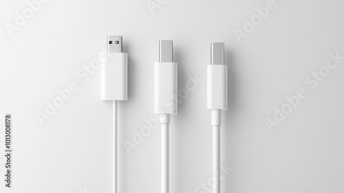 Close-up of various white charging cables including USB and USB-C on a white background perfect for tech and electronic stock imagery. Generative AI