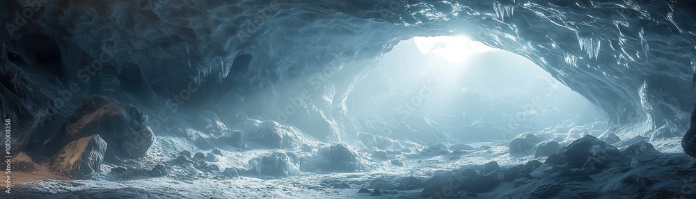 A stunning icy cave illuminated by soft light, showcasing glistening ice formations and ethereal beauty in a serene environment A stunning icy cave illuminated by soft light, showcasing glistening ice formations and ethereal beauty in a serene environment