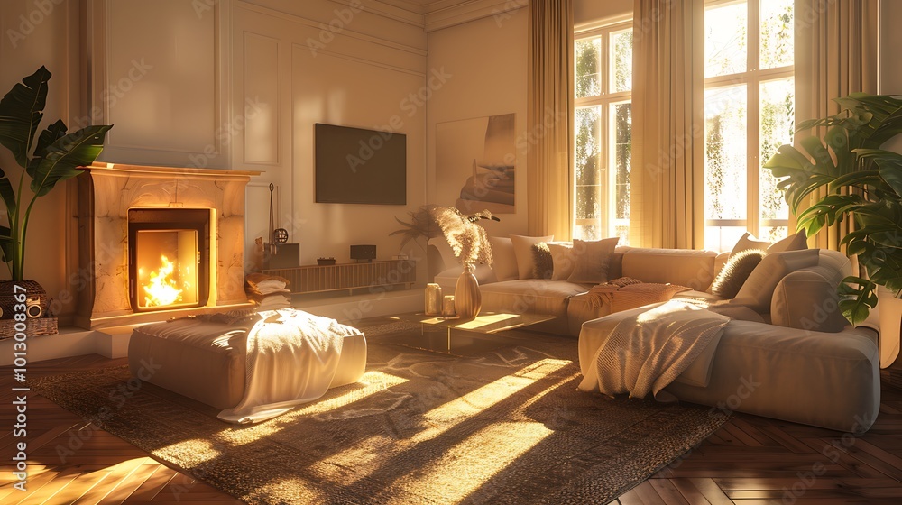 Cozy living room with a modern fireplace, large sectional couch, soft throws, and natural light pouring in from a window Cozy living room with a modern fireplace, large sectional couch, soft throws, and natural light pouring in from a window