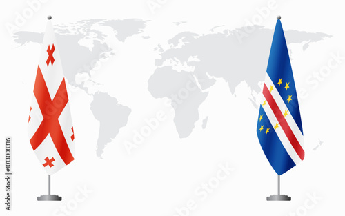 Georgia and Cape Verde flags for official meeting against background of world map.