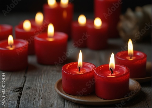 gloomy red candles on a black background, A row of ominous, black candles with red wax drippings, burning low on a dusty altar, with a shadowy, decrepit background