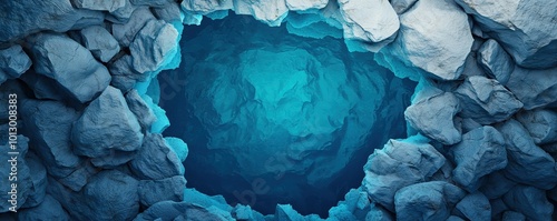 A stunning underwater view showcasing the depths of a rocky cavern, illuminated by soft blue light, creating a serene atmosphere