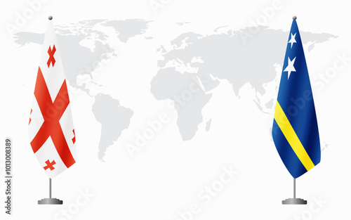Georgia and Curacao flags for official meeting against background of world map.