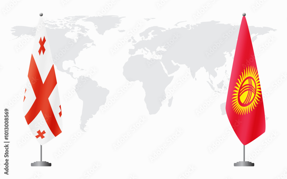 Obraz premium Georgia and Kyrgyzstan flags for official meeting against background of world map.