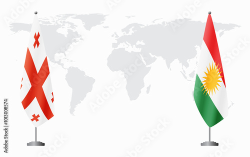 Georgia and Kurdistan flags for official meeting against background of world map.