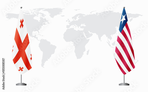 Georgia and Liberia flags for official meeting against background of world map.