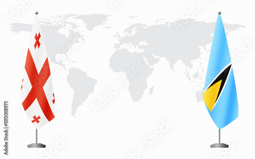 Georgia and Saint Lucia flags for official meeting against background of world map.