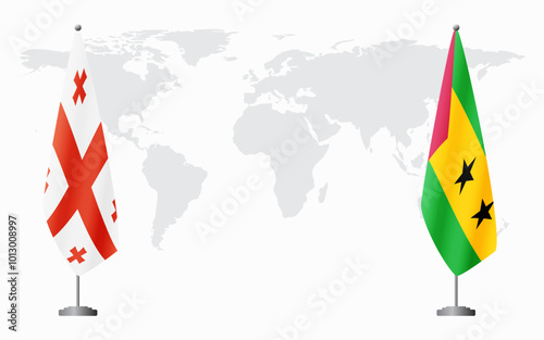 Georgia and Sao Tome and Principe flags for official meeting against background of world map.