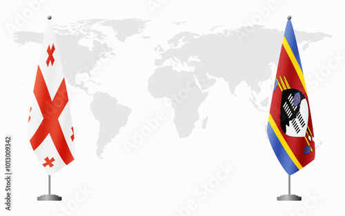 Georgia and Kingdom of eSwatini - Swaziland flags for official meeting against background of world map.