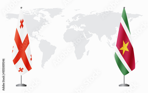 Georgia and Suriname flags for official meeting against background of world map.