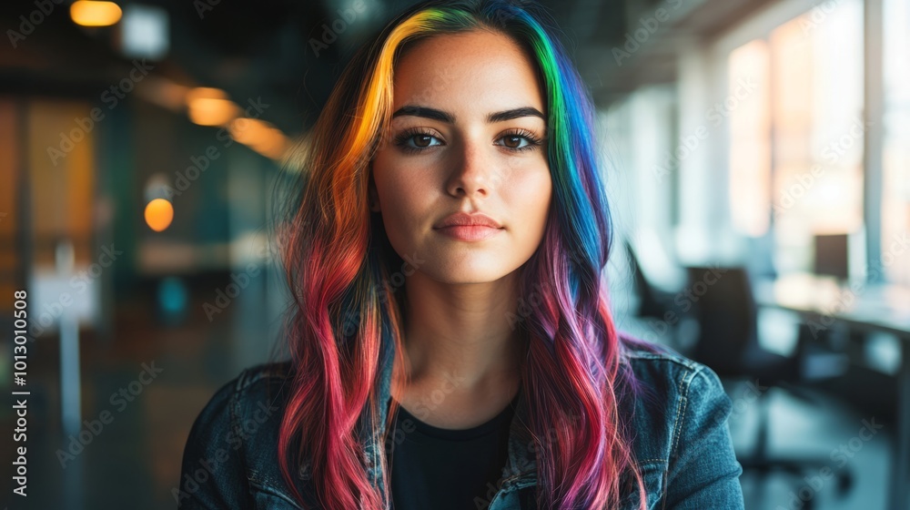 Vibrant portrait of a confident young woman with rainbow colored hair in a sleek modern office bold contrasts urban chic empowered pose Vibrant portrait of a confident young woman with rainbow colored hair in a sleek modern office bold contrasts urban chic empowered pose