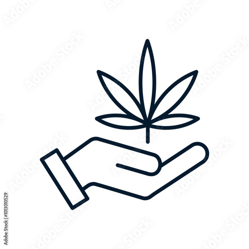 Hand, cannabis. Concept legalization, ganja products. Vector linear icon isolated on white background.