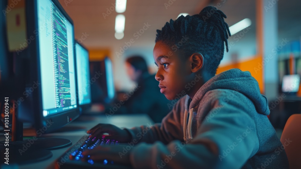 A Black school pupil studying coding at a computer, focusing on digital skills in education. Promoting inclusivity in learning about AI and cyber security A Black school pupil studying coding at a computer, focusing on digital skills in education. Promoting inclusivity in learning about AI and cyber security