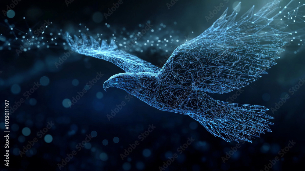 A blue eagle is shown in flight, made up of many small, geometric shapes. The eagle is in motion, its body formed by connecting lines. This image was created using computer graphics.low poly wireframe A blue eagle is shown in flight, made up of many small, geometric shapes. The eagle is in motion, its body formed by connecting lines. This image was created using computer graphics.low poly wireframe