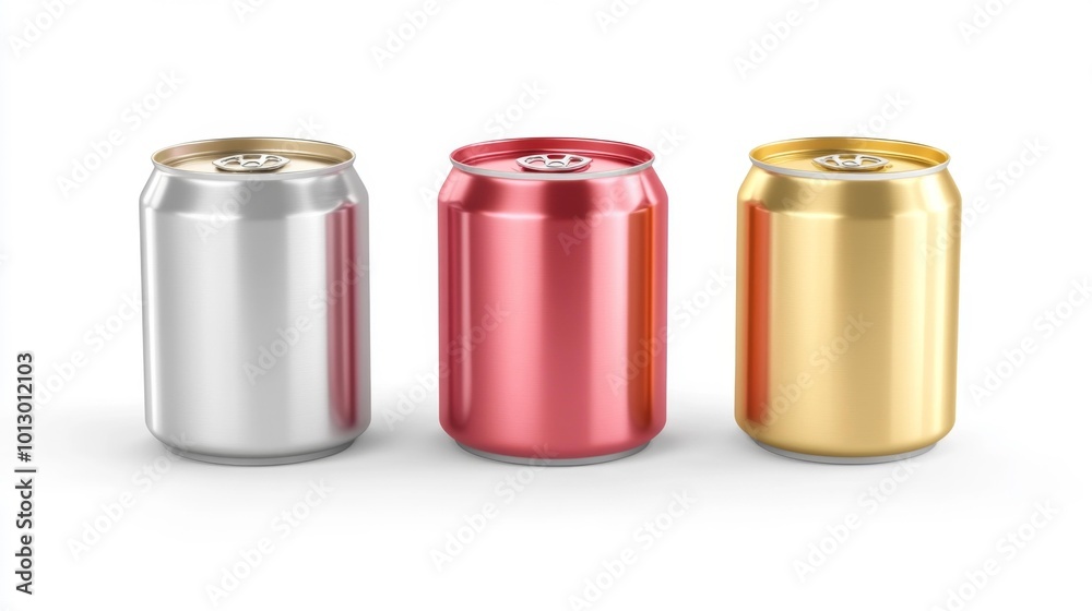 Set of colorful aluminum cans on a white background perfect for stock imagery. High-resolution rendering showcasing a realistic metallic finish in various colors. Generative AI Set of colorful aluminum cans on a white background perfect for stock imagery. High-resolution rendering showcasing a realistic metallic finish in various colors. Generative AI