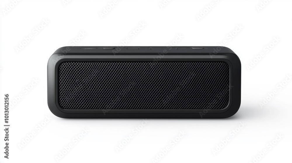 Black portable speaker with minimalist design suitable for technology music and lifestyle themes in high-quality stock photography.