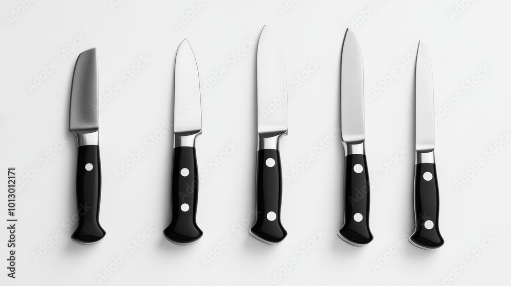 Set of five knives on a white background isolated kitchen utensils sharp stainless steel blades with black handles. Generative AI Set of five knives on a white background isolated kitchen utensils sharp stainless steel blades with black handles. Generative AI