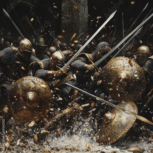 Intense medieval battle scene with armored warriors clashing