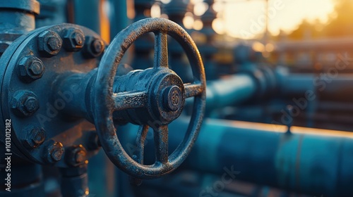 An intimate view of a gas valve alongside an external pipeline network at a natural gas facility, highlighting the infrastructure of the natural gas sector