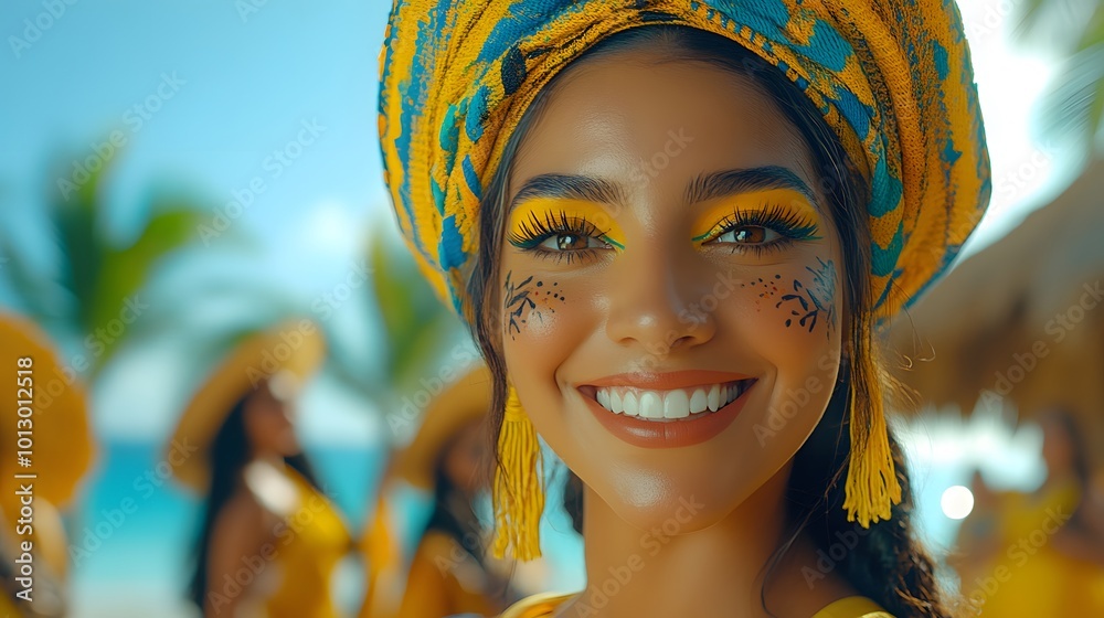 A parade scene featuring women dressed in traditional Mexican attire, their faces beautifully painted with Catrina makeup in vibrant, intricate patterns A parade scene featuring women dressed in traditional Mexican attire, their faces beautifully painted with Catrina makeup in vibrant, intricate patterns