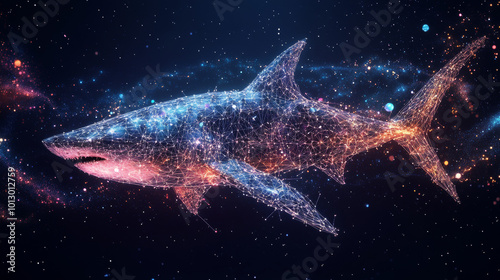 A shark made of stars and planets. The image uses dots, lines, and shapes to create a cosmic picture of the shark.low poly wireframe.