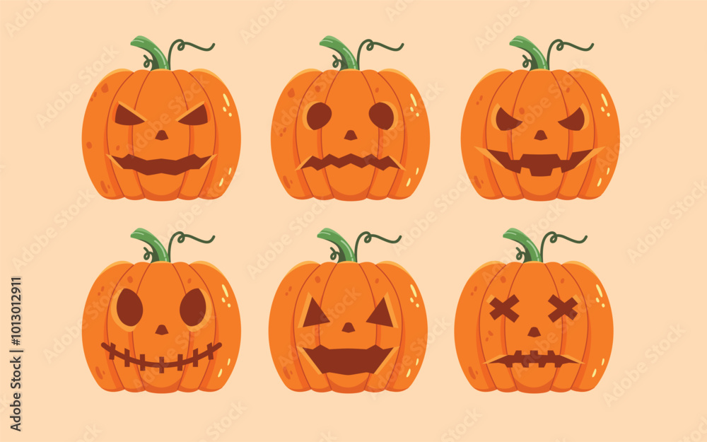 Pumpkin set. Orange pumpkins with various scary smile characters for Halloween holiday design. Pumpkin set. Orange pumpkins with various scary smile characters for Halloween holiday design.