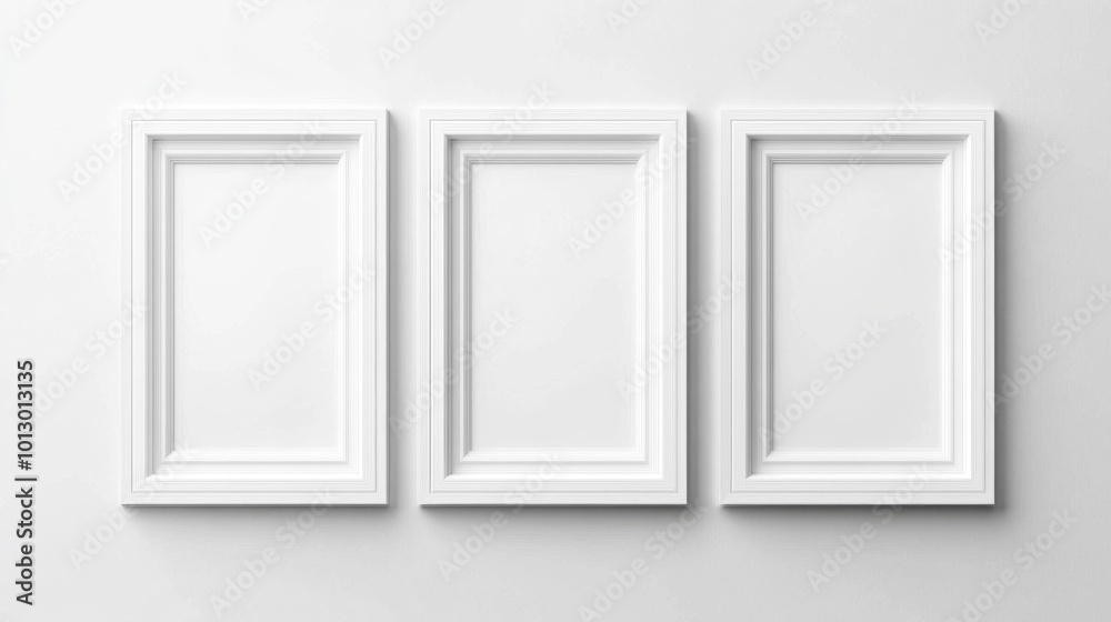Set of three white picture frames arranged side by side on a plain background simple and classic design perfect for home decor or gallery presentations. Generative AI