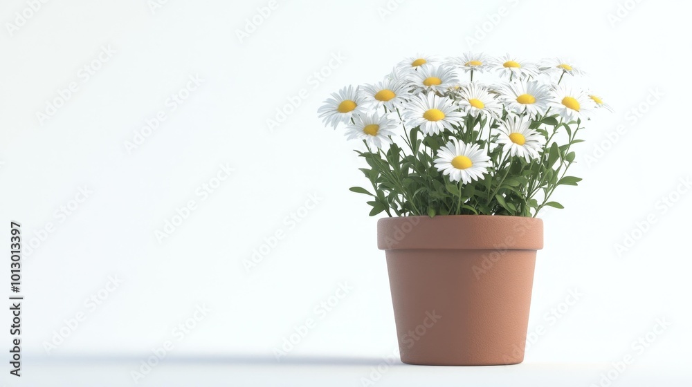Beautiful potted daisies in a terracotta pot on a white background perfect for floral and home decor themes. Generative AI Beautiful potted daisies in a terracotta pot on a white background perfect for floral and home decor themes. Generative AI