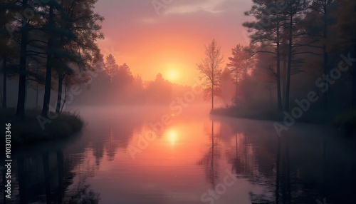 A peaceful sunset over a still lake framed by tall trees, creating a serene landscape that reflects the warm colors of the sky, perfect for nature lovers and tranquil settings.