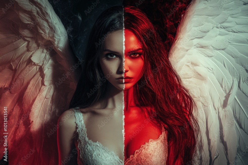 Beautiful woman portrait, angel and demon split image, angel side is ...