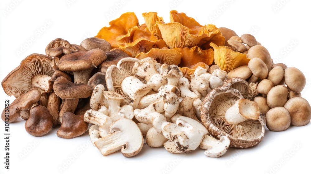 A mix of gourmet mushrooms, including shiitake and chanterelles, isolated on a white background
