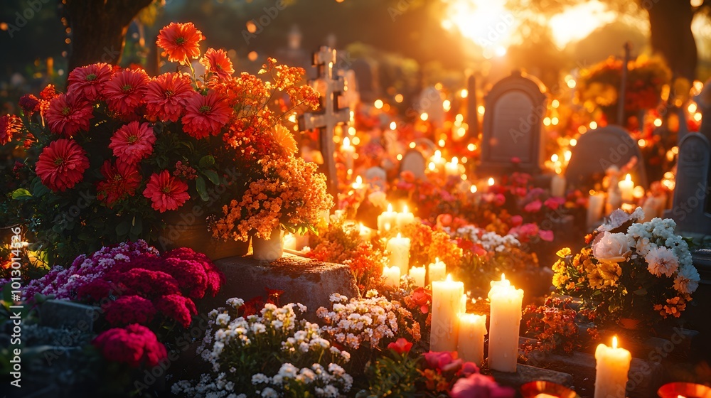 Fototapeta premium A nighttime view of a cemetery illuminated by candles, shadows dancing around the graves, creating a spiritual and somber scene