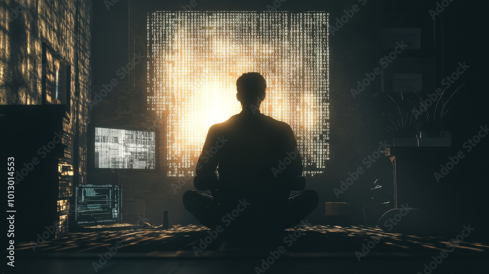 A shadowy figure sits in front of a computer screen, surrounded by code and symbols. This represents the dangers of cybercrime, like hacking and scams.low poly wireframe. A shadowy figure sits in front of a computer screen, surrounded by code and symbols. This represents the dangers of cybercrime, like hacking and scams.low poly wireframe.